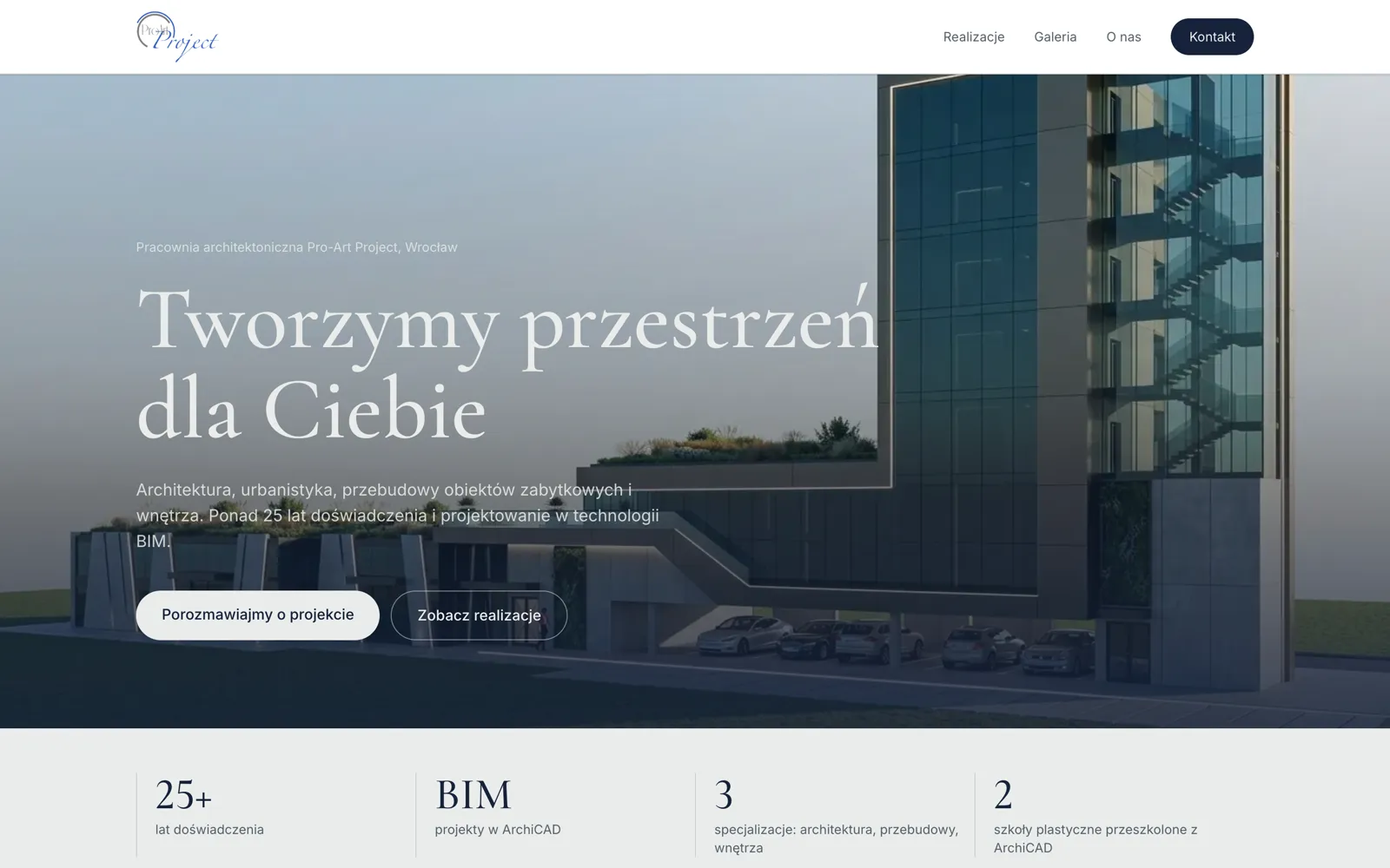 Nowa strona Pro-Art Project: nagłówek Tworzymy przestrzeń dla Ciebie, opis usług, dwa przyciski i liczby