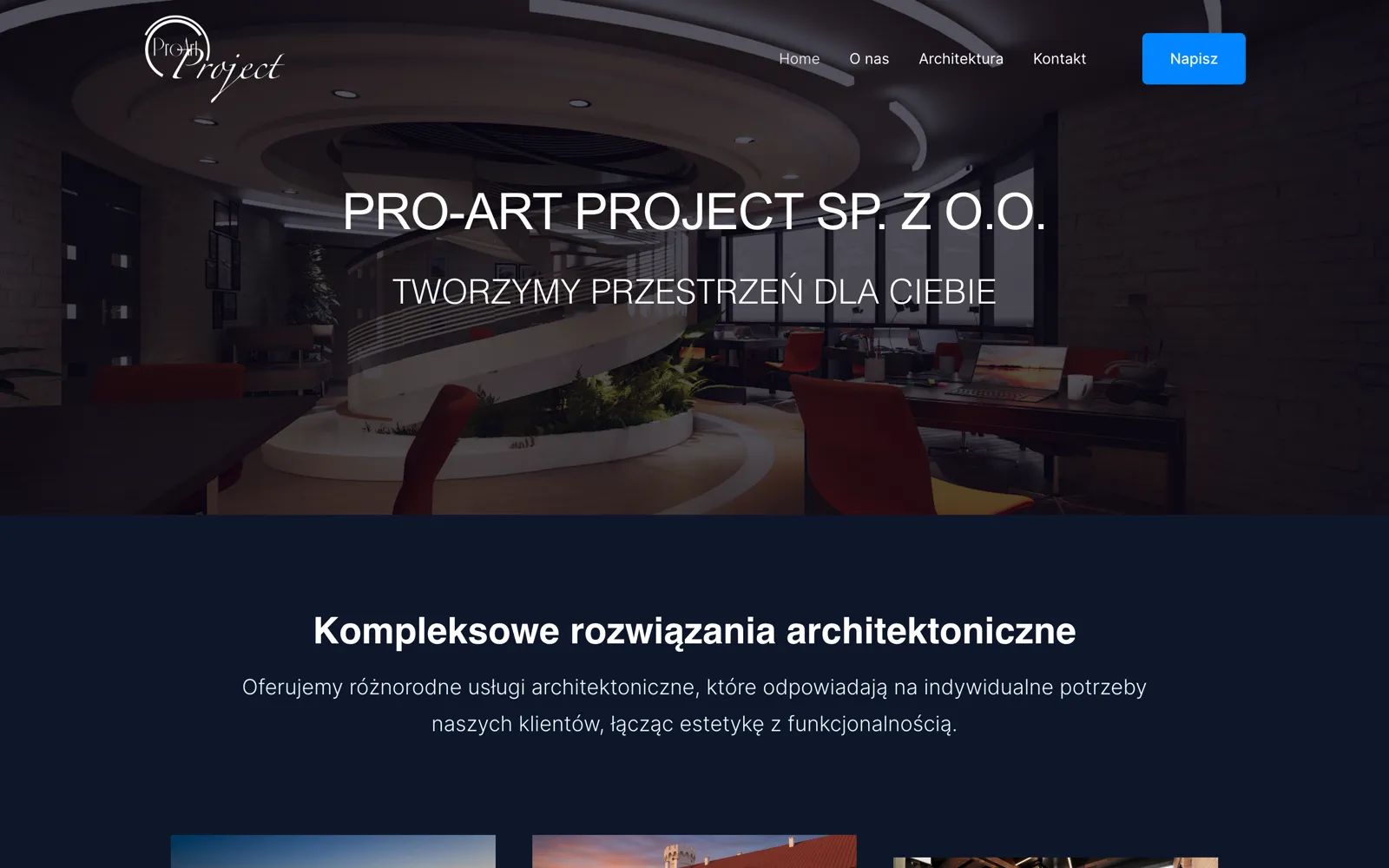 Stara strona Pro-Art Project: ciemne zdjęcie biura i nazwa spółki wielkimi literami