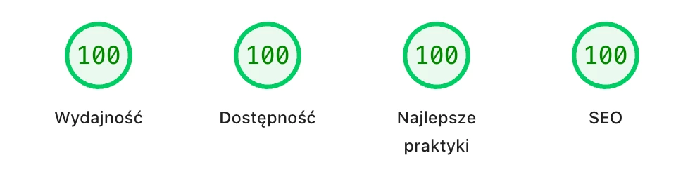 Wynik testu Google PageSpeed: wydajność 100, dostępność 100, najlepsze praktyki 100, SEO 100.